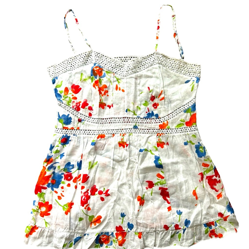 120% Lino Womens Size 42‎ White Red Floral Sleeveless Tank Top